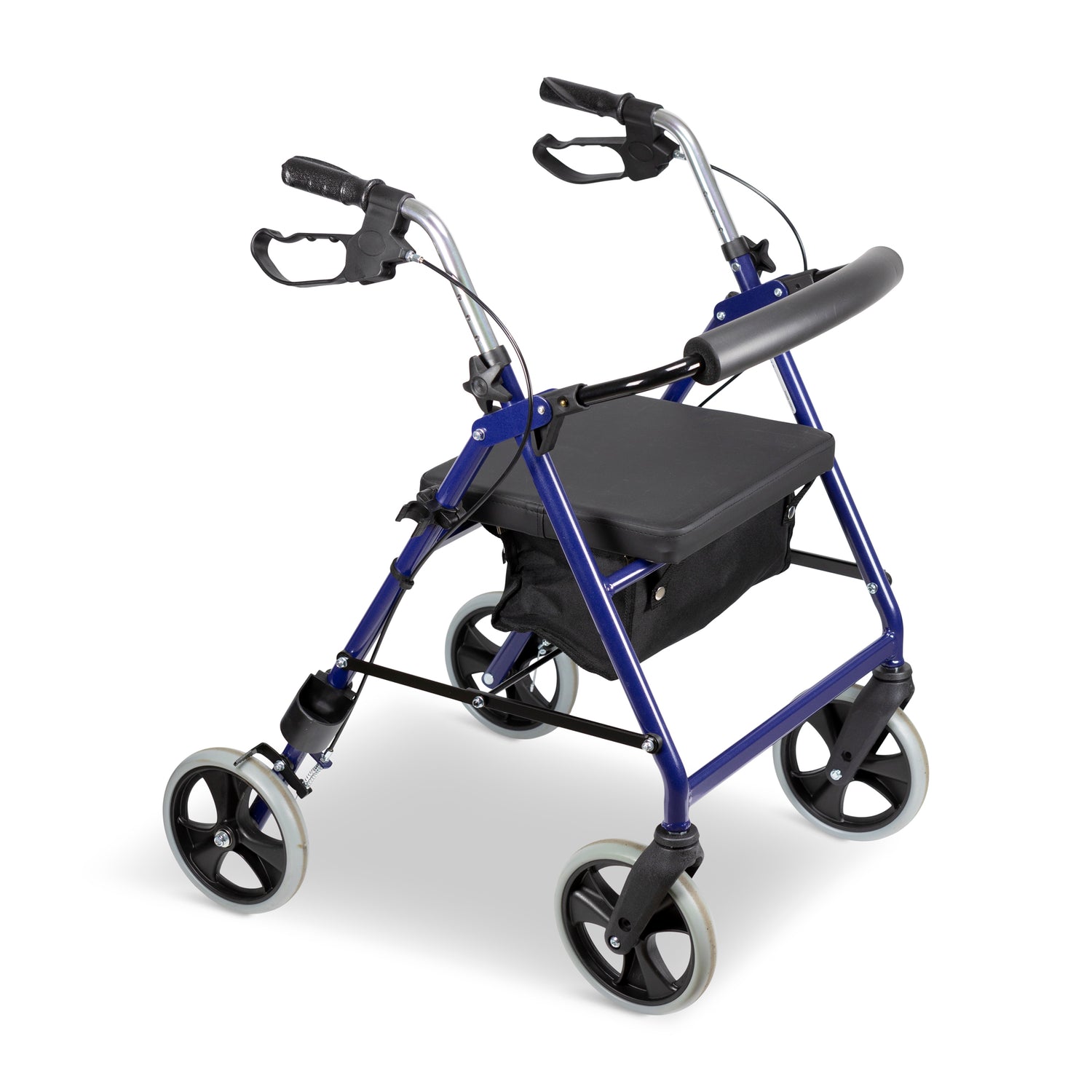 Blå rollator med sittdyna och ryggstöd