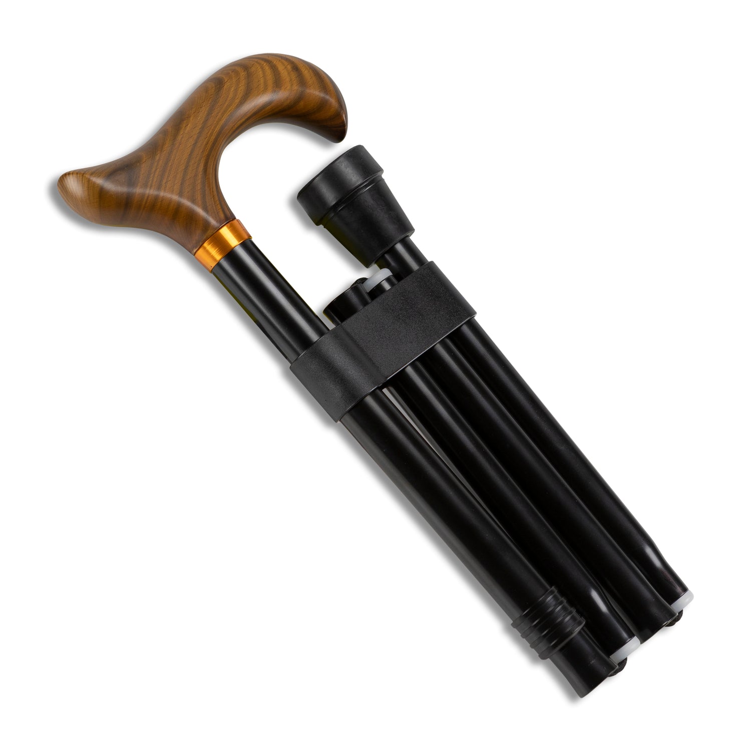 Svart hopfälld käpp med brunt handtag