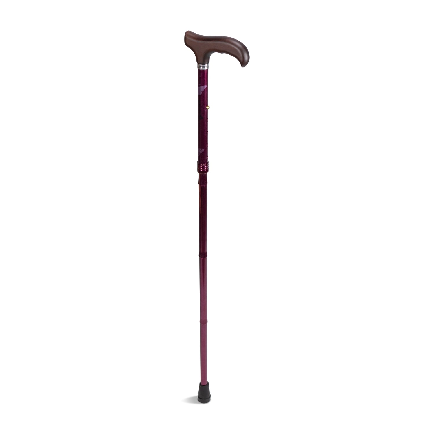 En rosa käpp med motiv och mörkbrunt handtag