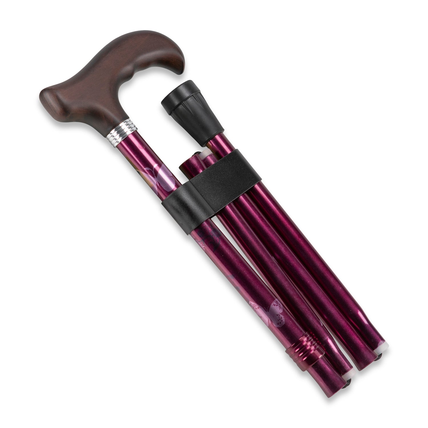 En hopfälld rosa käpp med fjärillsmotiv och mörkbrunt handtag