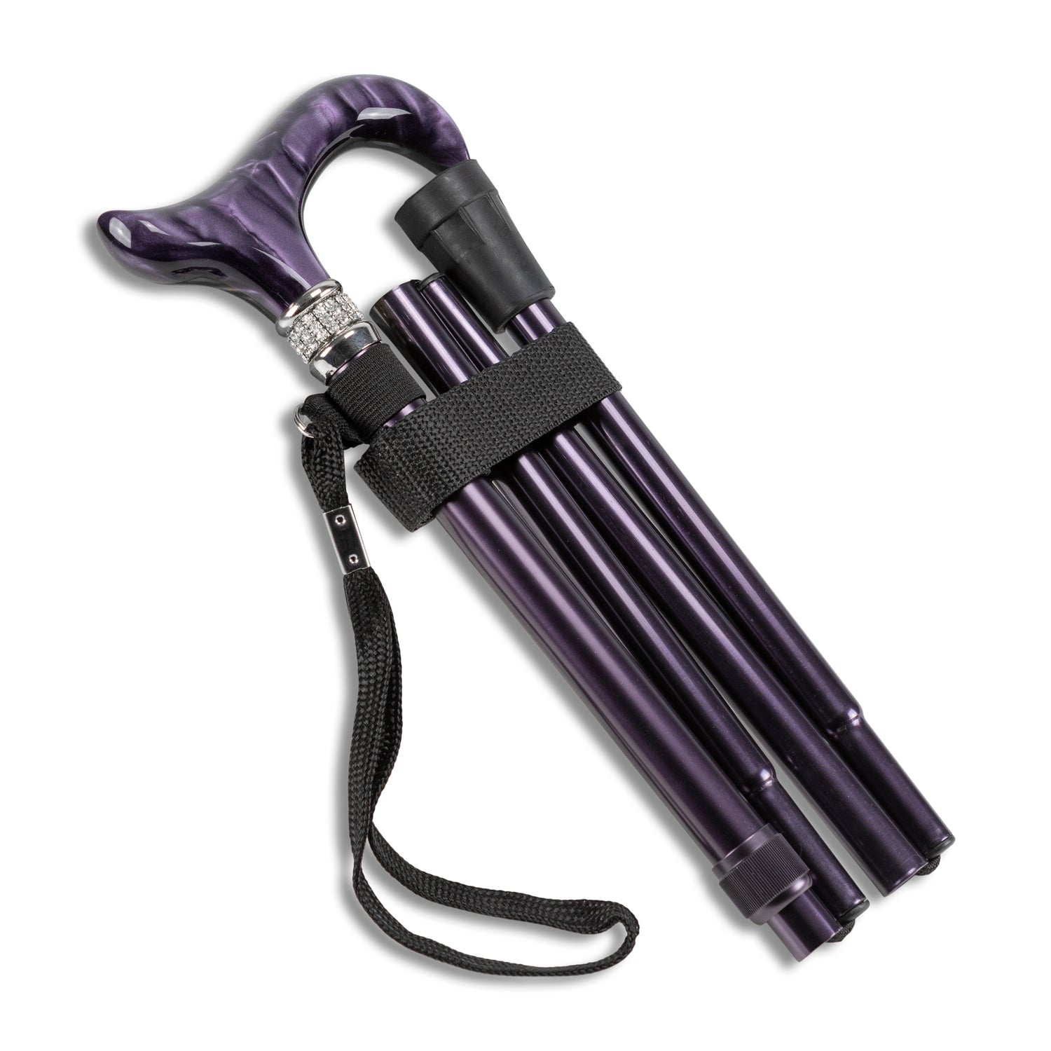 En hopfälld lila käpp med strassdetaljer och lila handtag