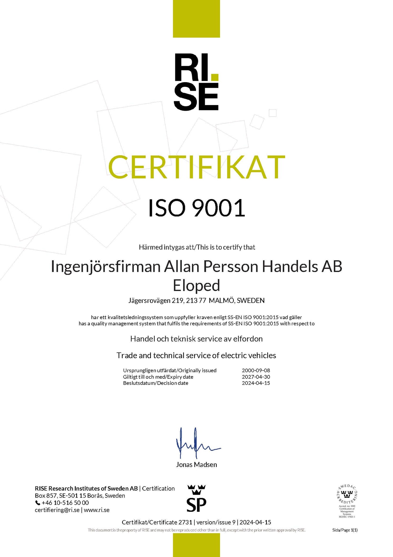 ISO 9001 certifikat Eloped